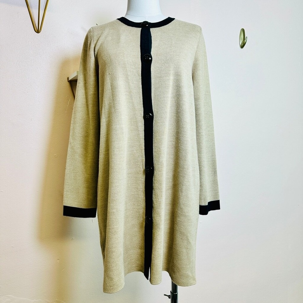 ANN TAYLOR Beige Black Collarless Cardigan, Size Petite Large PL